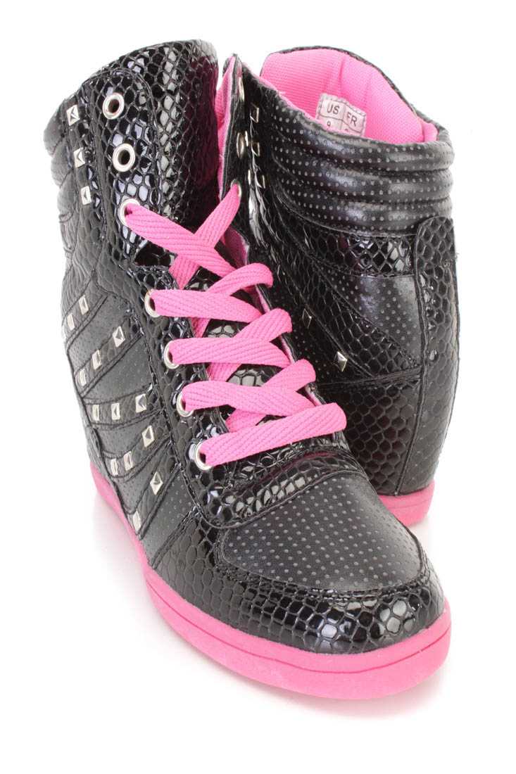 Black Lace Up Studded Sneaker Wedges Faux Leather