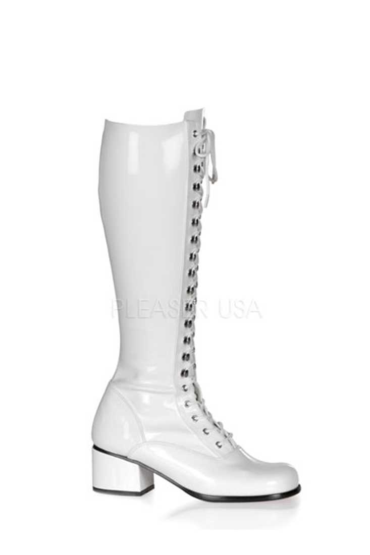 White Lace Up Chunky Heel Boots Patent Faux Leather