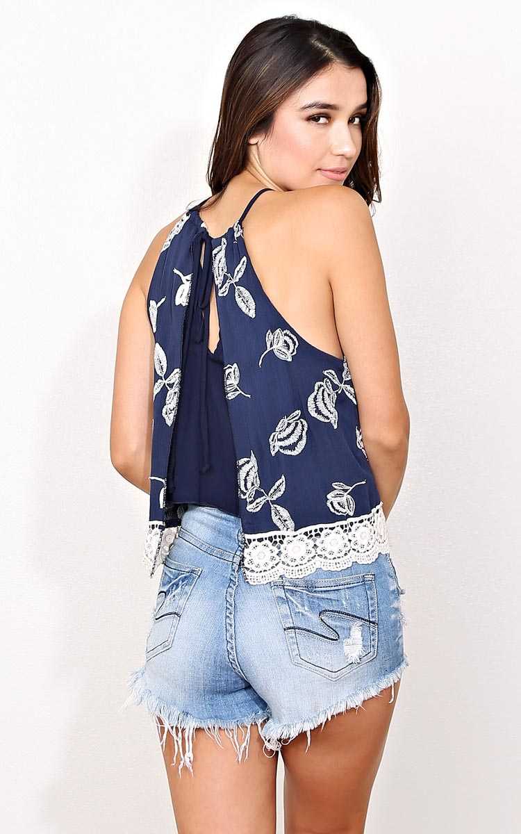 Laurel Embroidered Woven Crop Top - - Navy Combo in Size by Styles For Less
