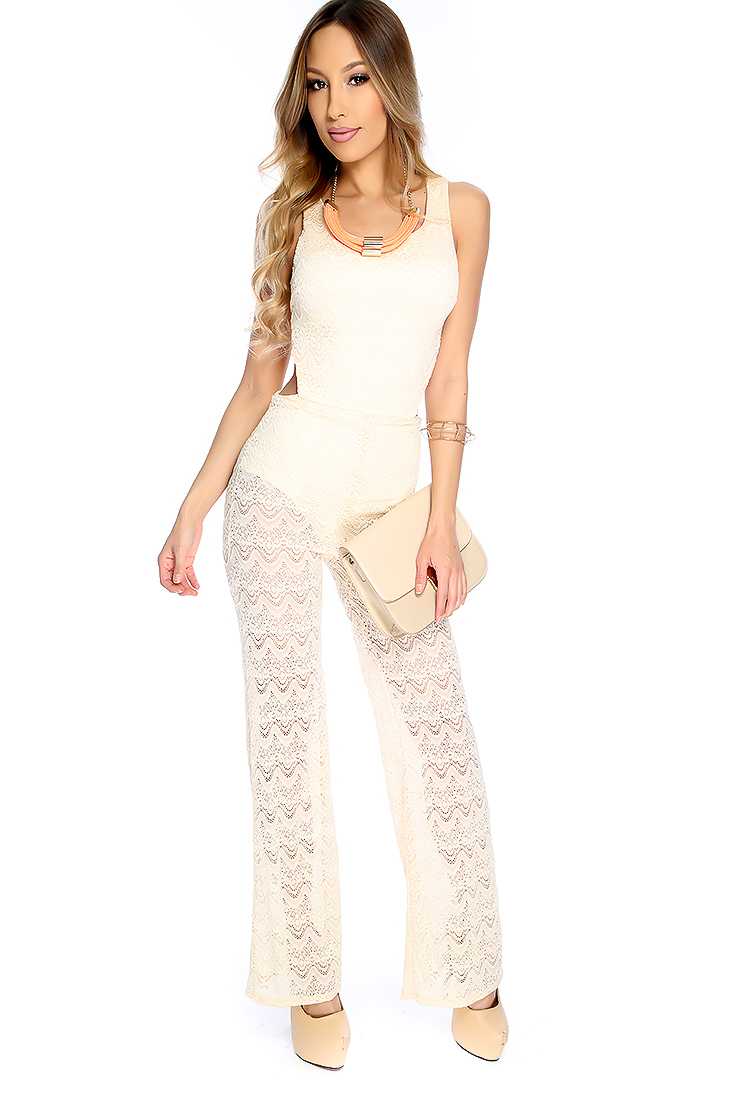 Sexy Cream Open Back Sleeveless Embroidered Jumpsuit