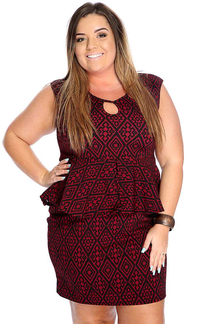 Sexy Plus Size Geometric Pattern Burgundy Black Dress