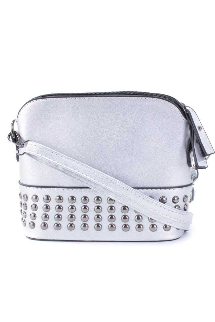 Silver Faux Leather Studded Shoulder Handbag
