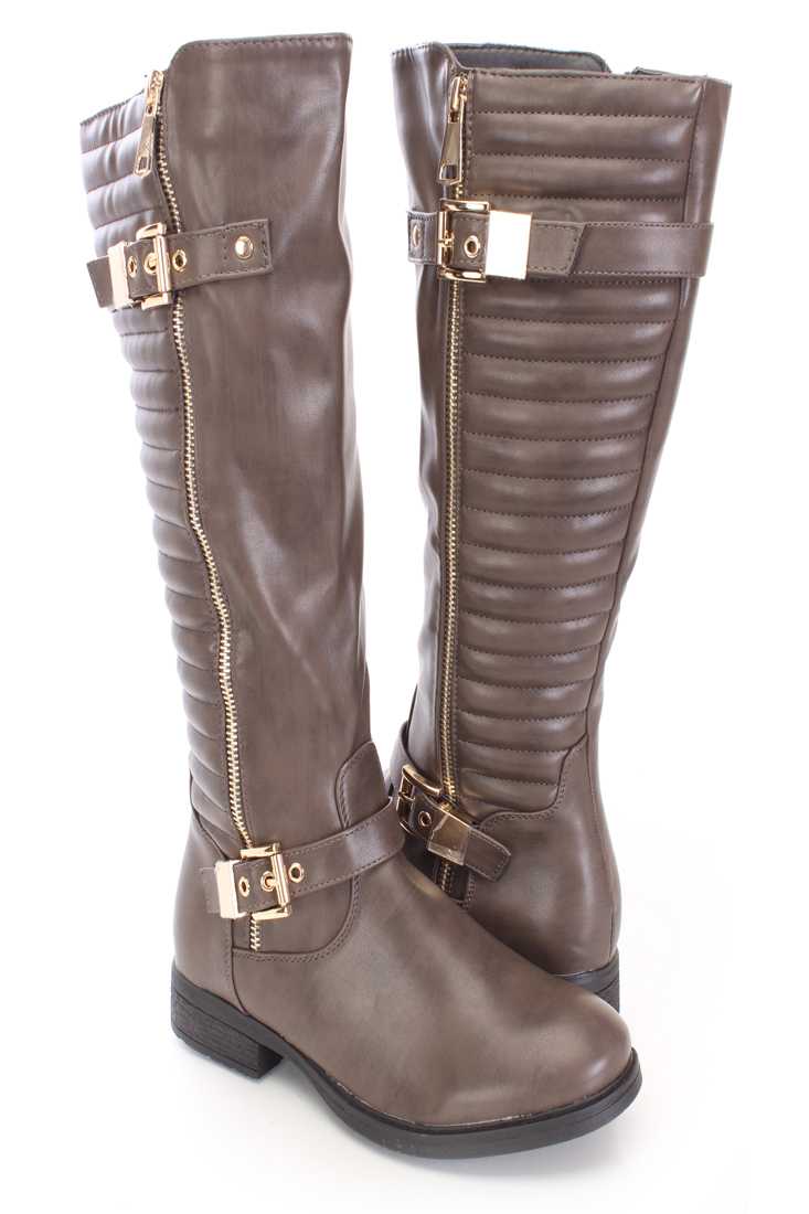 Grey Mid Calf Riding Boots Faux Leather