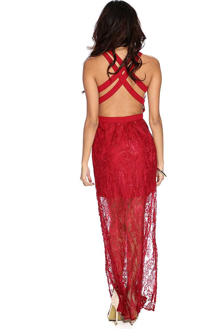 Burgundy Lace Crisscross Back Sexy Maxi Prom Dress