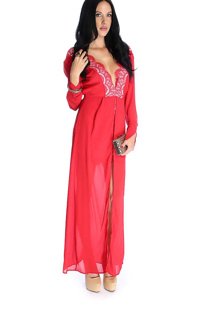 Sexy Red Long Sleeve Scallop Eyelash Lace Overlay Romper