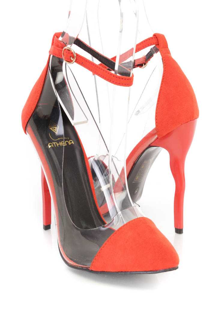 Red Ankle Strap Single Sole High Heels Faux Suede