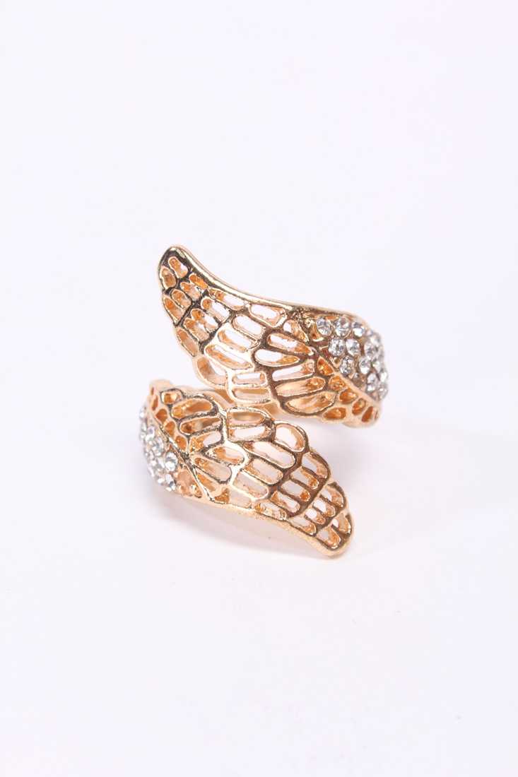 Gold Double Wing High Polish Metal Rhinestone Accent Ring