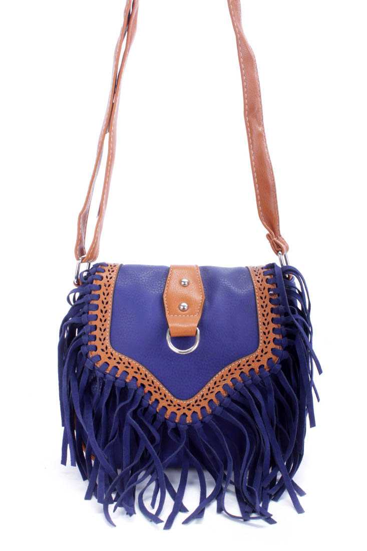 Royal Blue Two Tone Faux Leather Fringe Accent Saddle Handbag