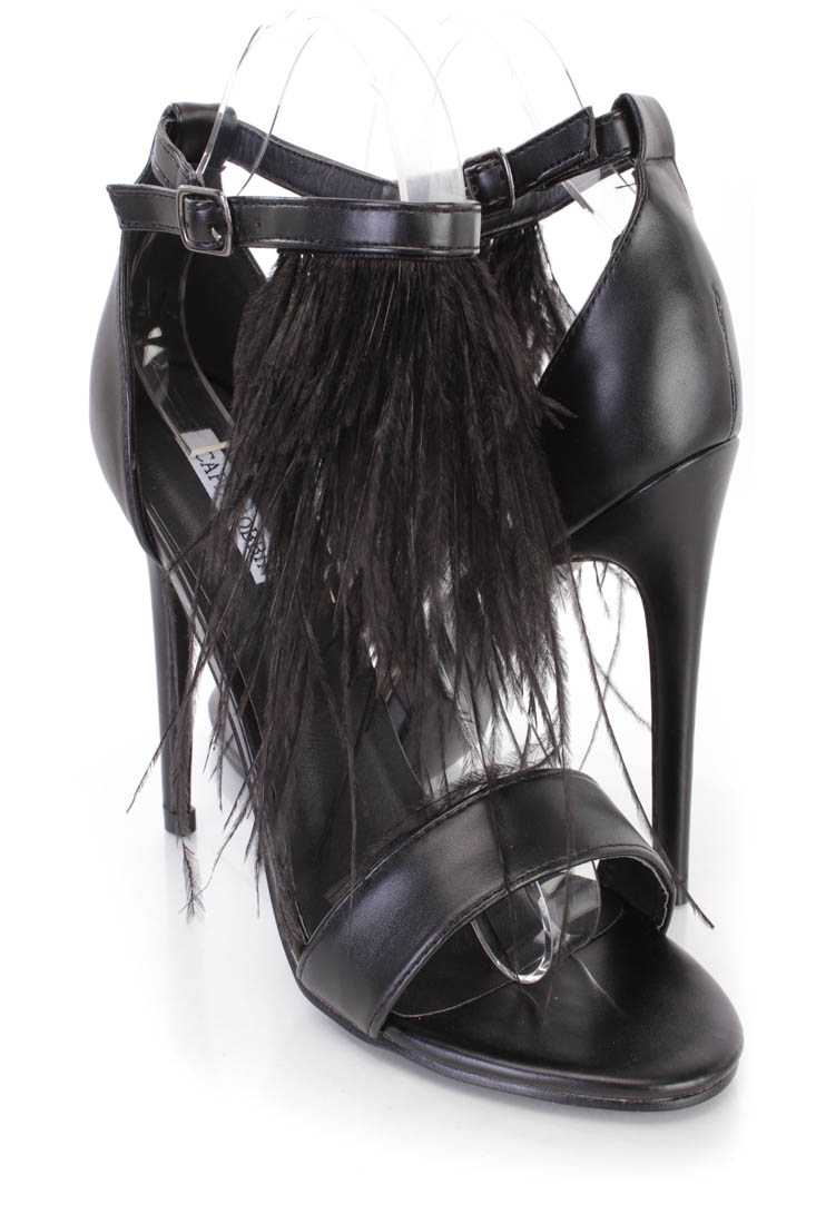 Black Marabou Feather Single Sole Heels Faux Leather