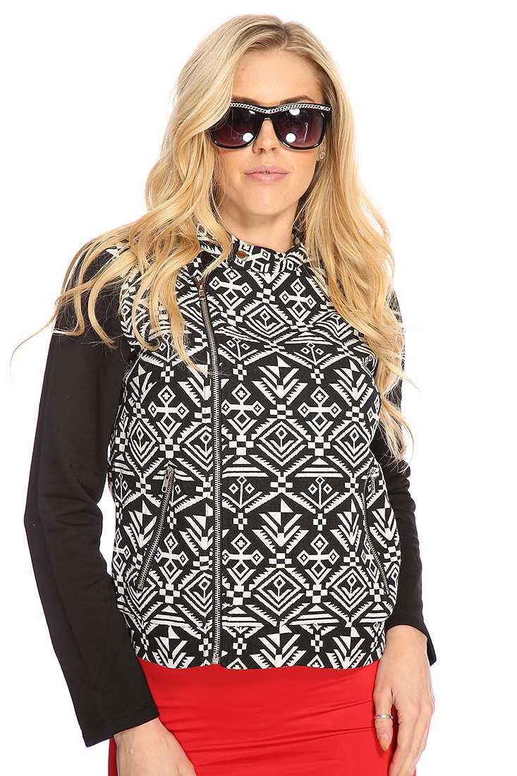 Black White Pattern Design Zip Up Jacket