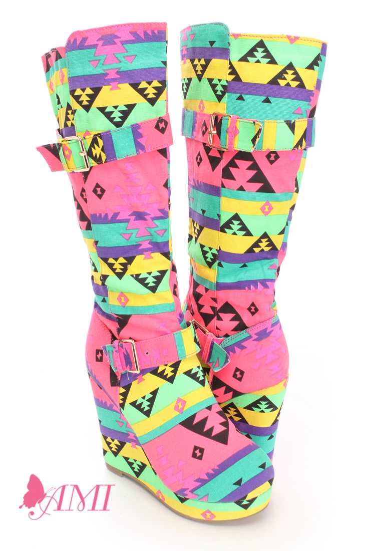 Tribal Fuchsia Mid Calf Wedge Boots Canvas