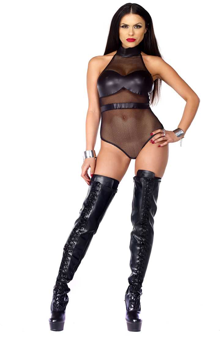 Black Faux Leather Mesh Cutout Sleeveless Bodysuit Lingerie