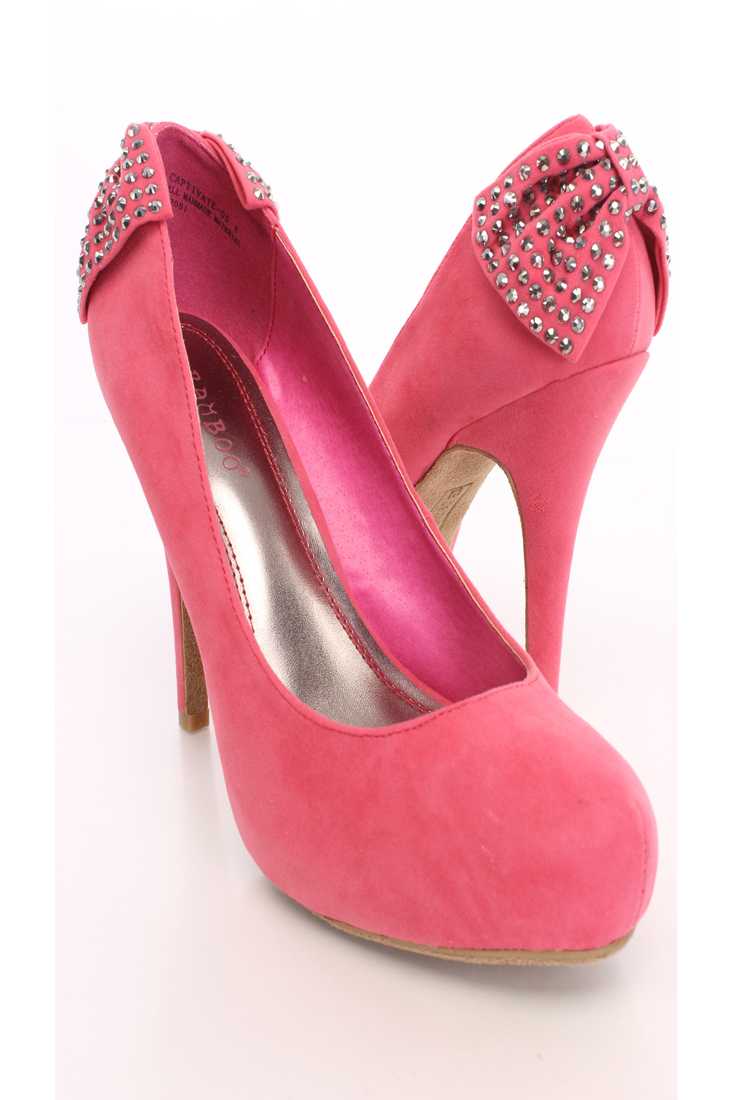 Coral Bow accent Sexy Heels Faux Suede
