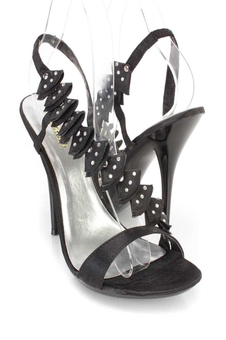 Black Rhinestone Ruffled Cross Strap Open Toe Heels Satin