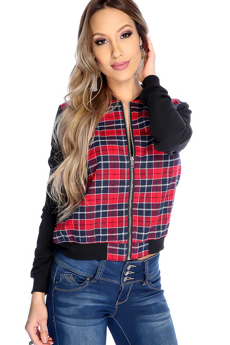 Red Navy Plaid Long Sleeves Two Tone Zipper Closure Round Neckline Jacket