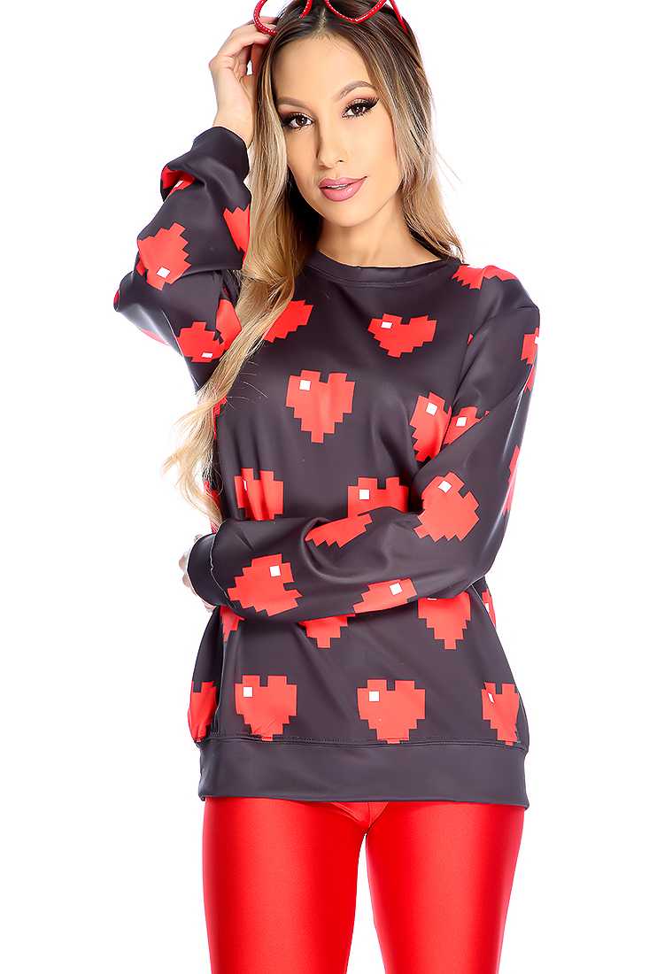 Red Black Long Sleeve Pixel Heart Print Sweater Top