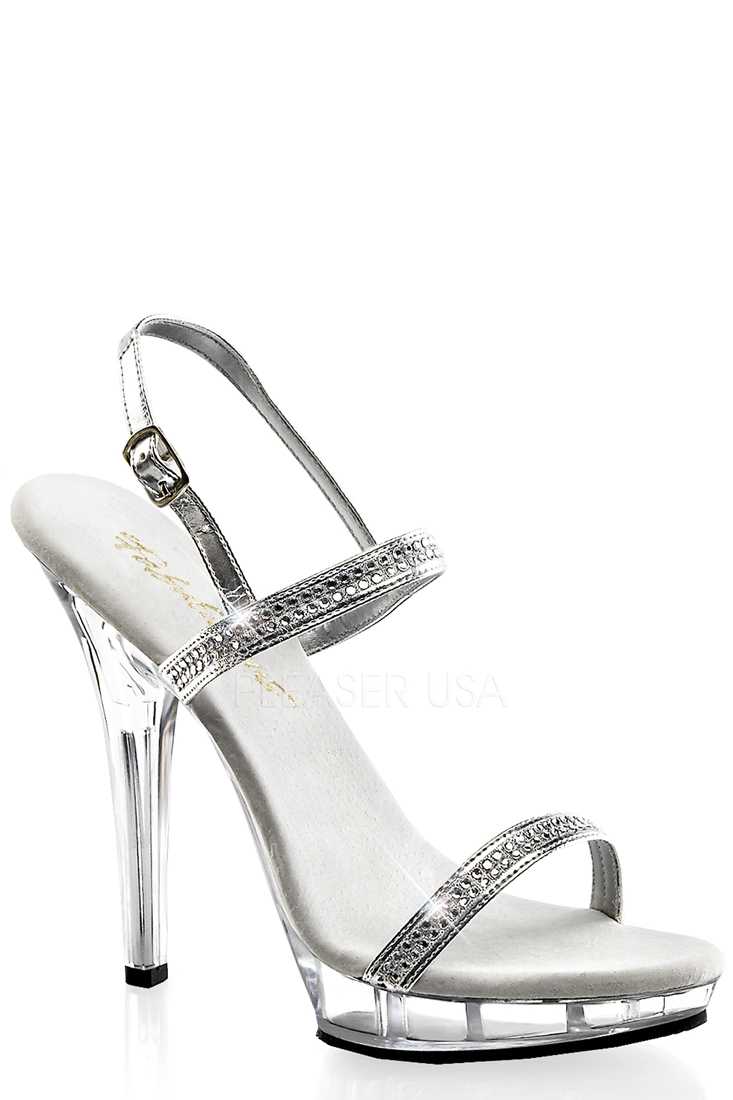Silver Clear Rhinestone High Heels Metallic Faux Leather