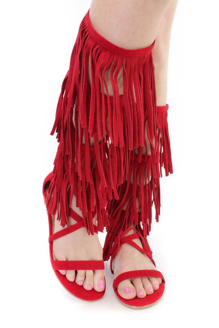 Red Fringe Strappy Gladiator Sandals Faux Suede