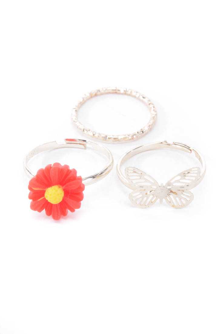 Red Coral High Polish Metal Acrylic Flower Ring Set
