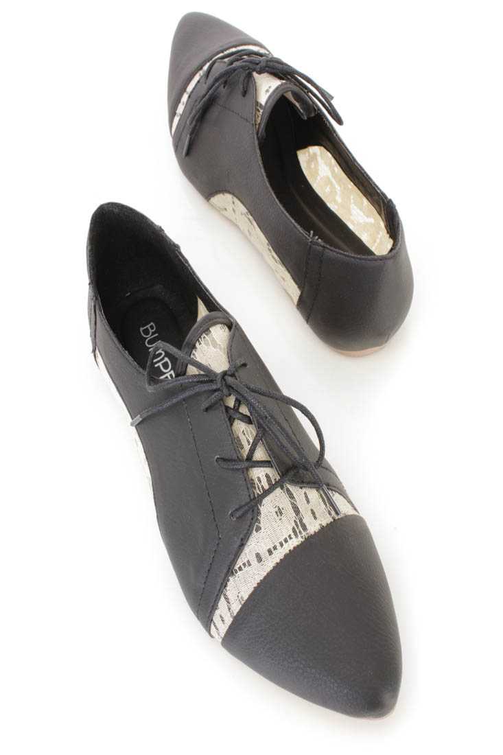 Black Crochet Cut Out Oxford Flats Faux Leather