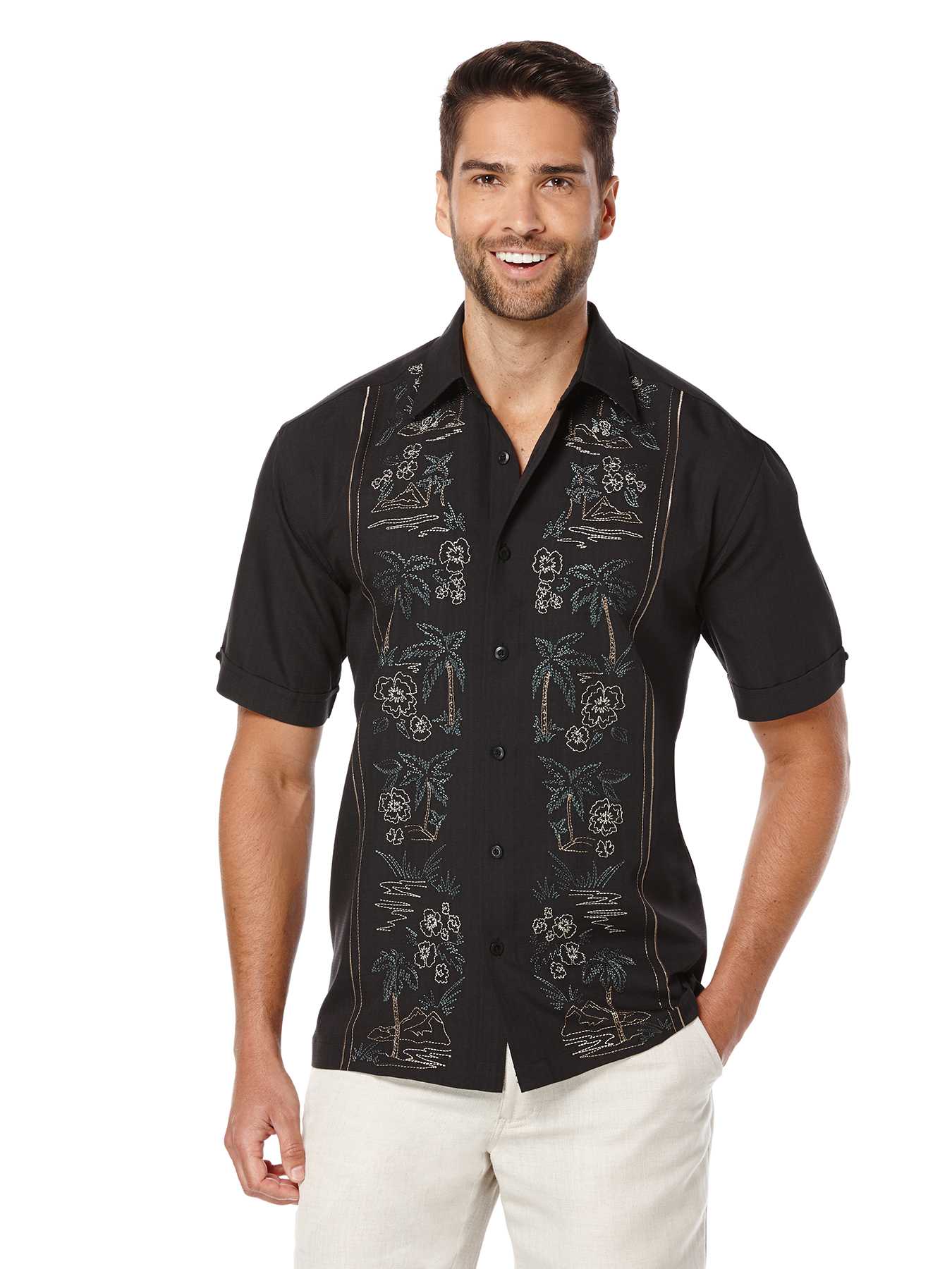 Cubavera Short Sleeve Embroidered Tropical Panel