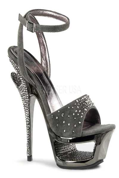 Dark Grey Suede Rhinestones Ankle Strap Platform Heel