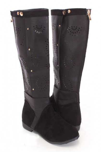 Black Perforated Mid Calf Boots Faux Leather