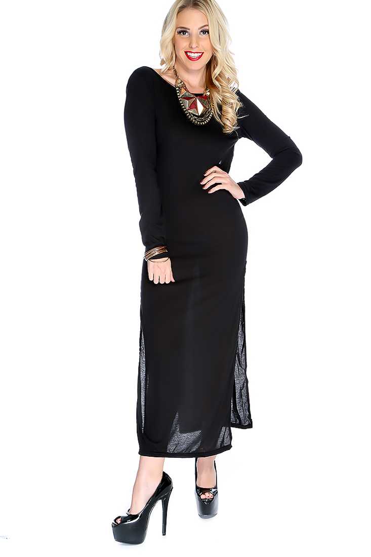 Black Long Sleeve Fitted Side Slit Dress
