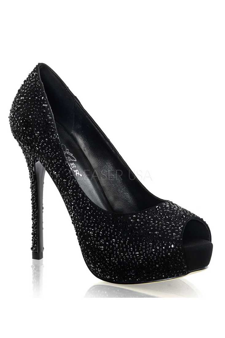 Black Rhinestone Peep Toe Pump Heels Faux Suede