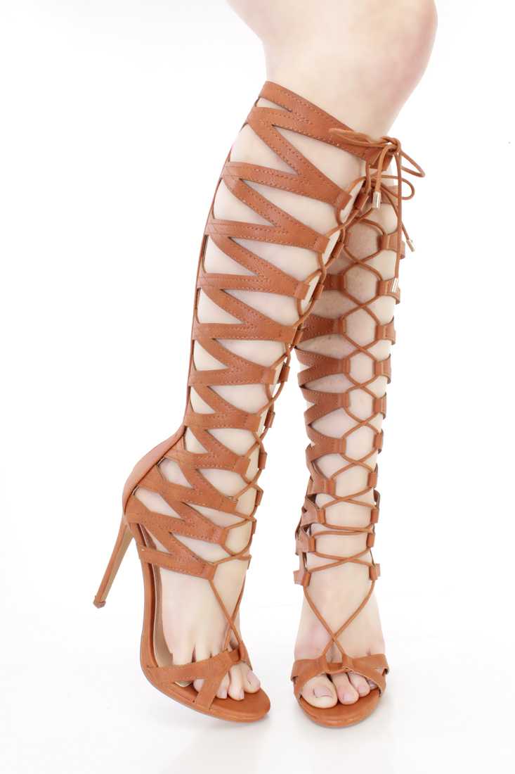 Cognac Strappy Lace Up Gladiator Heels Faux Leather
