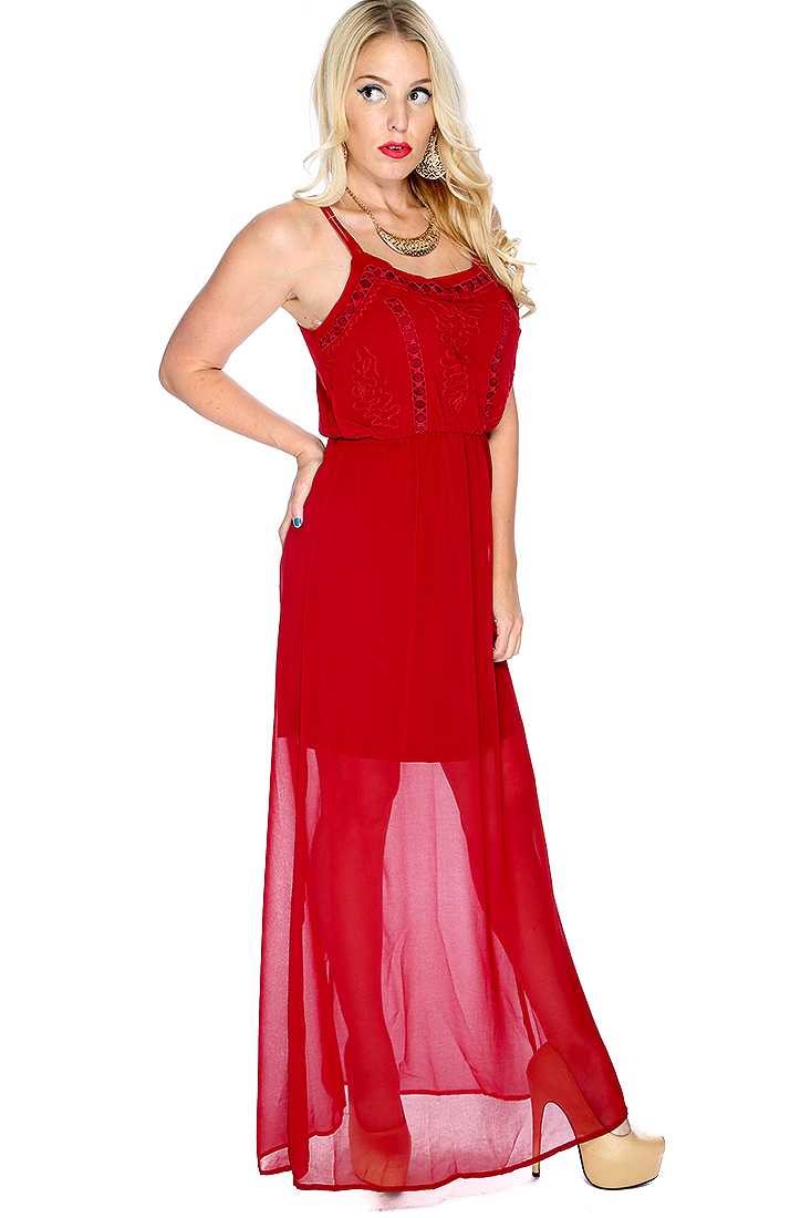 Sexy Wine Spaghetti Straps Crochet Design Maxi Prom Dress