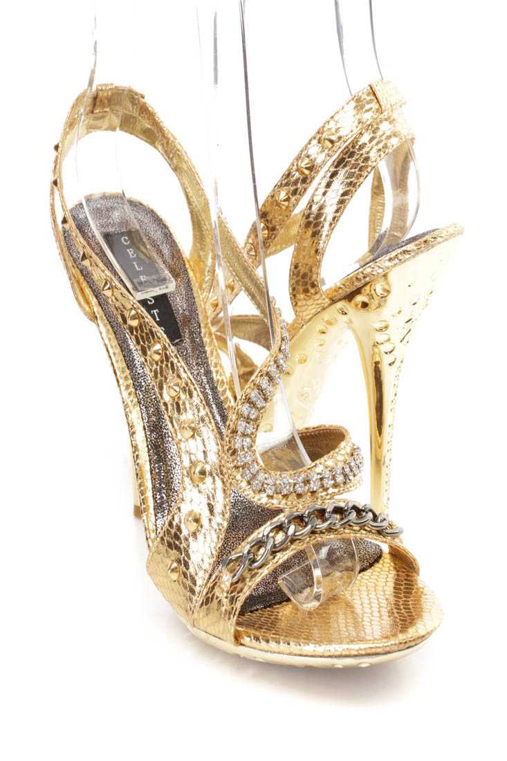 Gold Rhinestone Strappy High Heels Faux Leather