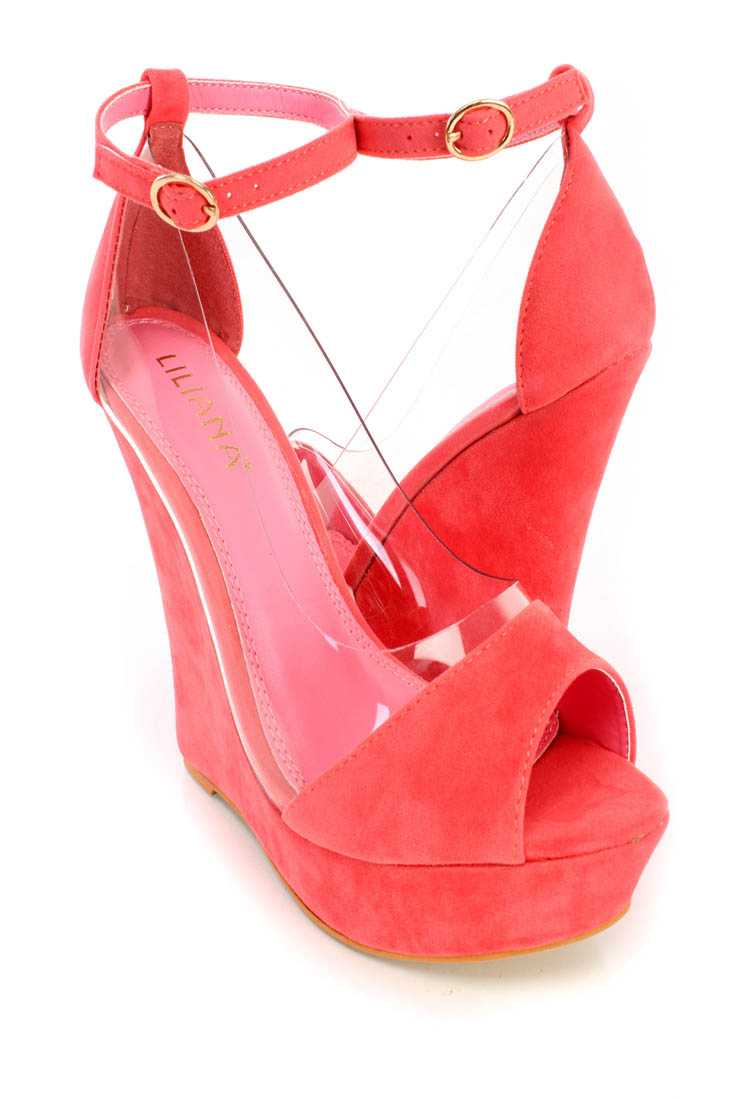 Coral Peep Toe Ankle Strap Wedges Faux Suede