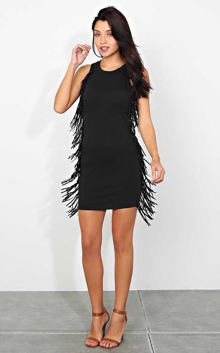 Night Scene Knit Fringe Dress - MED - Black in Size Medium by Styles For Less