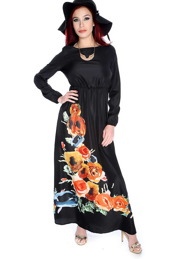 Stylish Black Red Long Sleeve Flower Print Maxi Dress