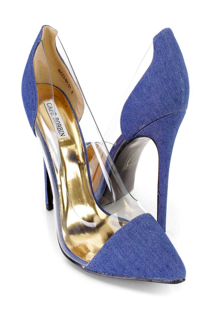 Dark Denim Pointed Toe Single Sole Pump Heels Fabric