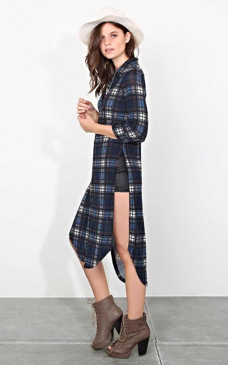Jessi Boyfriend Brushed Plaid Tunic - LGE - Navy Combo in Size Large by Styles For Less