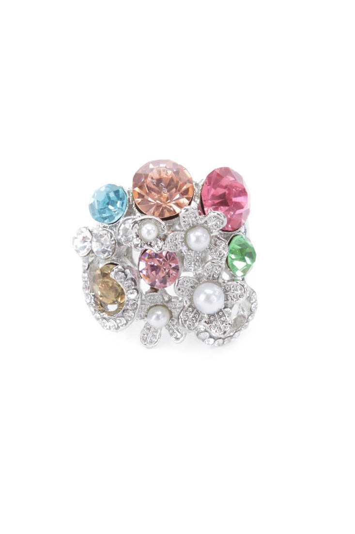Rainbow Silver Rhinestone Pearl Flower Detail Ring