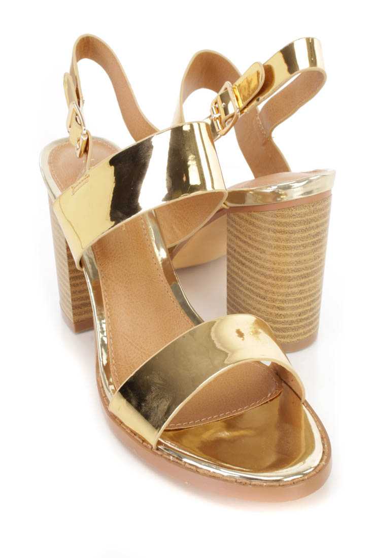 Gold Open Toe Chunky Heel Sandal Heels Patent Faux Leather
