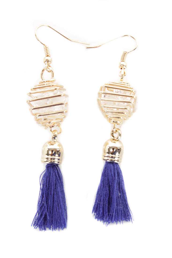 Royal Blue Gold Cage and Tassel Detailed High Polish Earrings