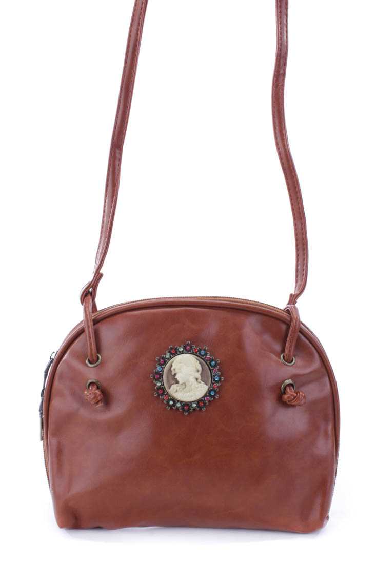 Cognac Faux Leather Cameo Pendant Handbag