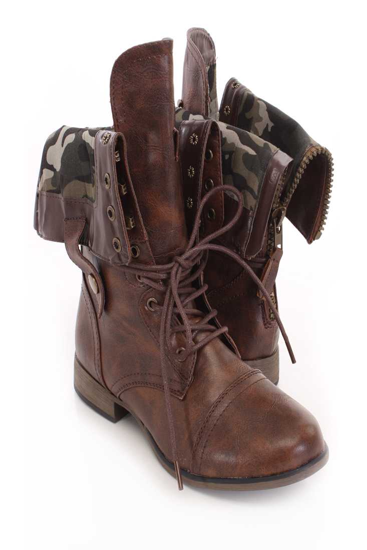 Brown Camouflaged Cuffed Boots Faux Leather
