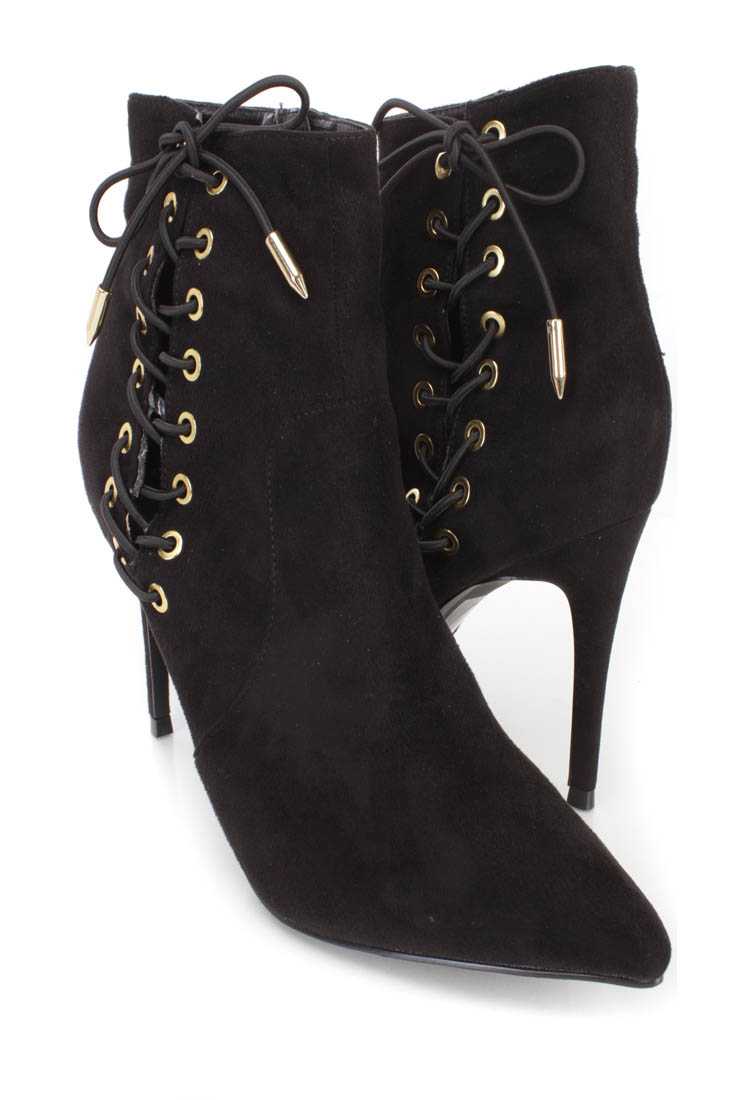 Black Lace Up Single Sole Ankle Booties Faux Suede