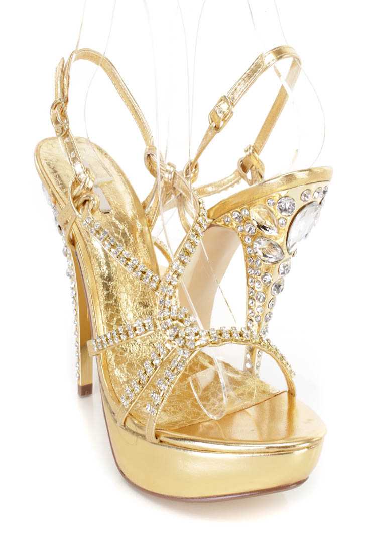 Gold Rhinestone Encrusted Platform Sandal Heels Metallic