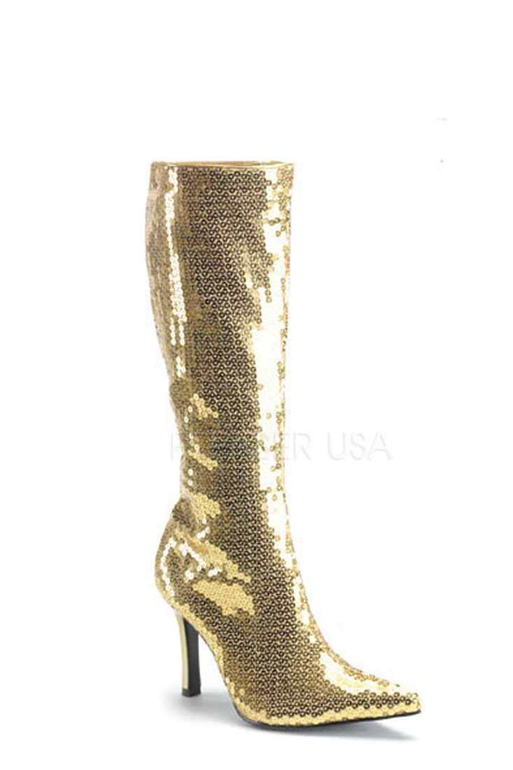 Gold Pointed Toe Knee High Boots Sequins