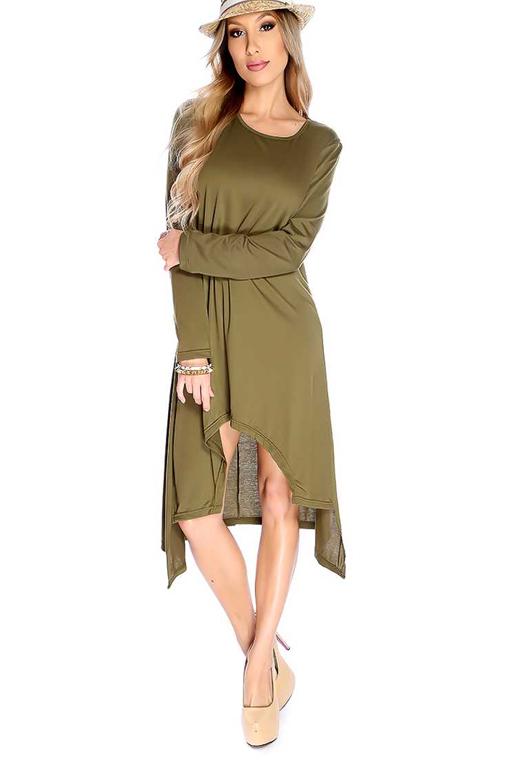 Olive Long Sleeve High Low Causal Dress