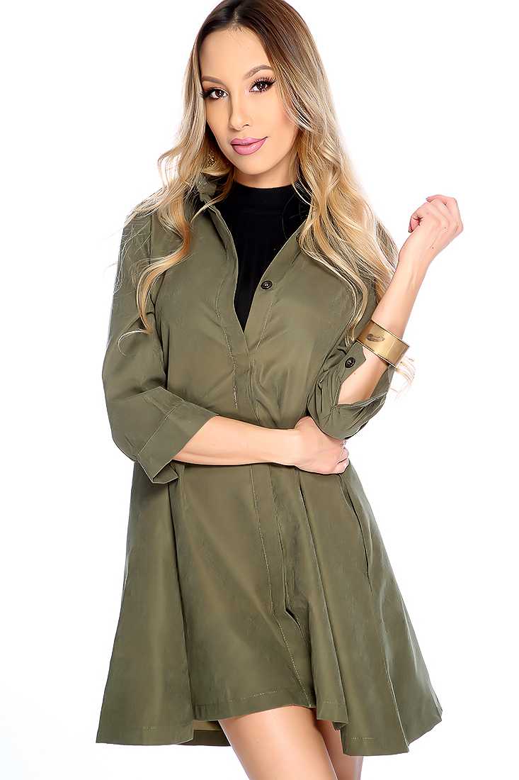 Stylish Olive Quarter Sleeve Button Up Jacket