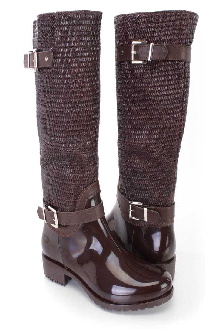 Brown Textured Mid Calf Snow Boots Patent PVC