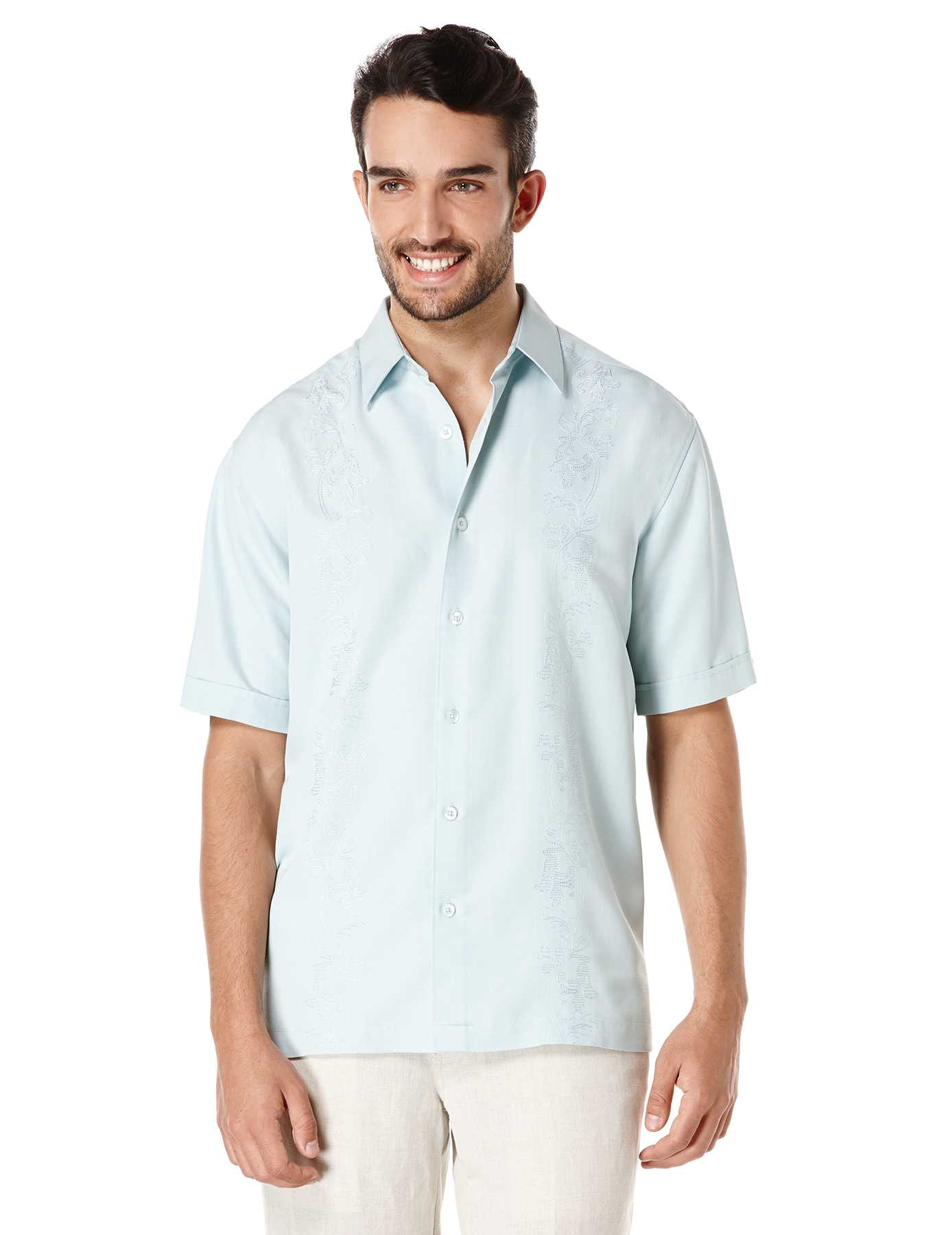 Cubavera Short Sleeve Tonal Grid Embroidered Panels