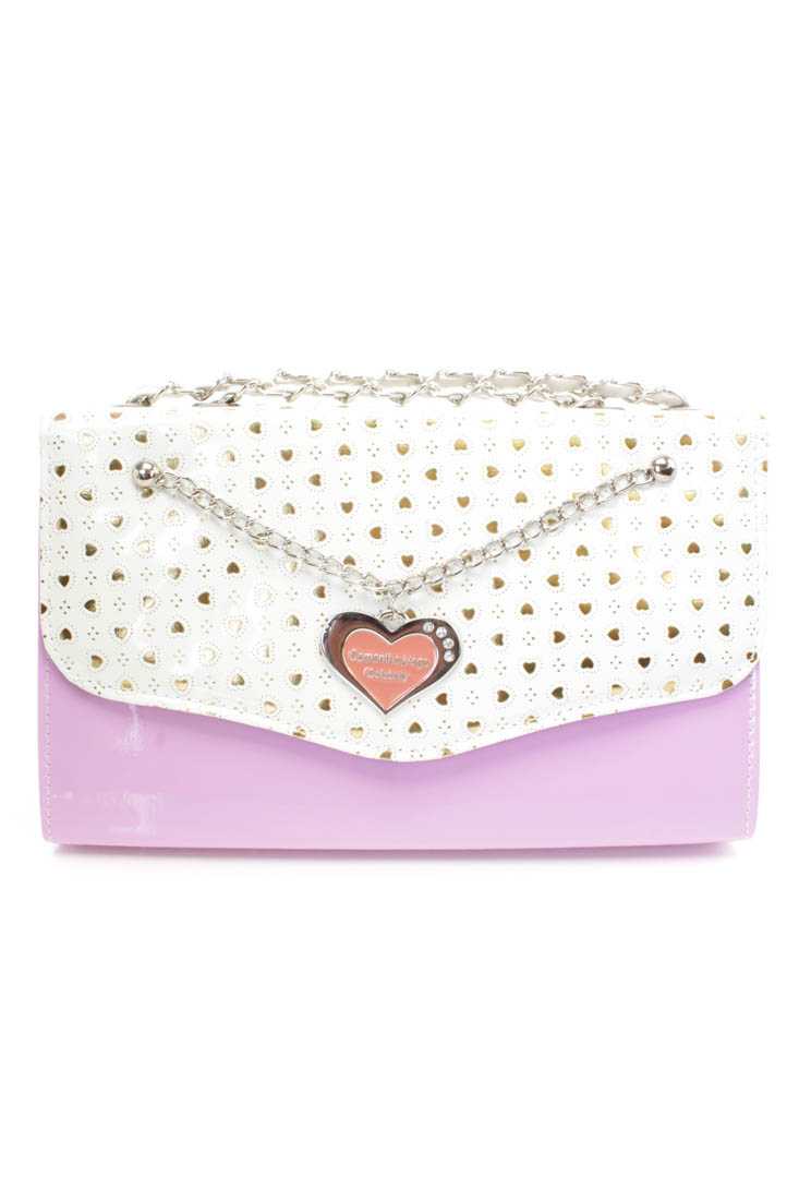 Lavender Metallic Heart Print Faux Leather Handbag